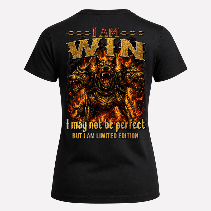WIN MP88-F2-168–Personalized Bold Quote Apparel “I Am NAME I May Not Be Perfect But I Am Limited Edition